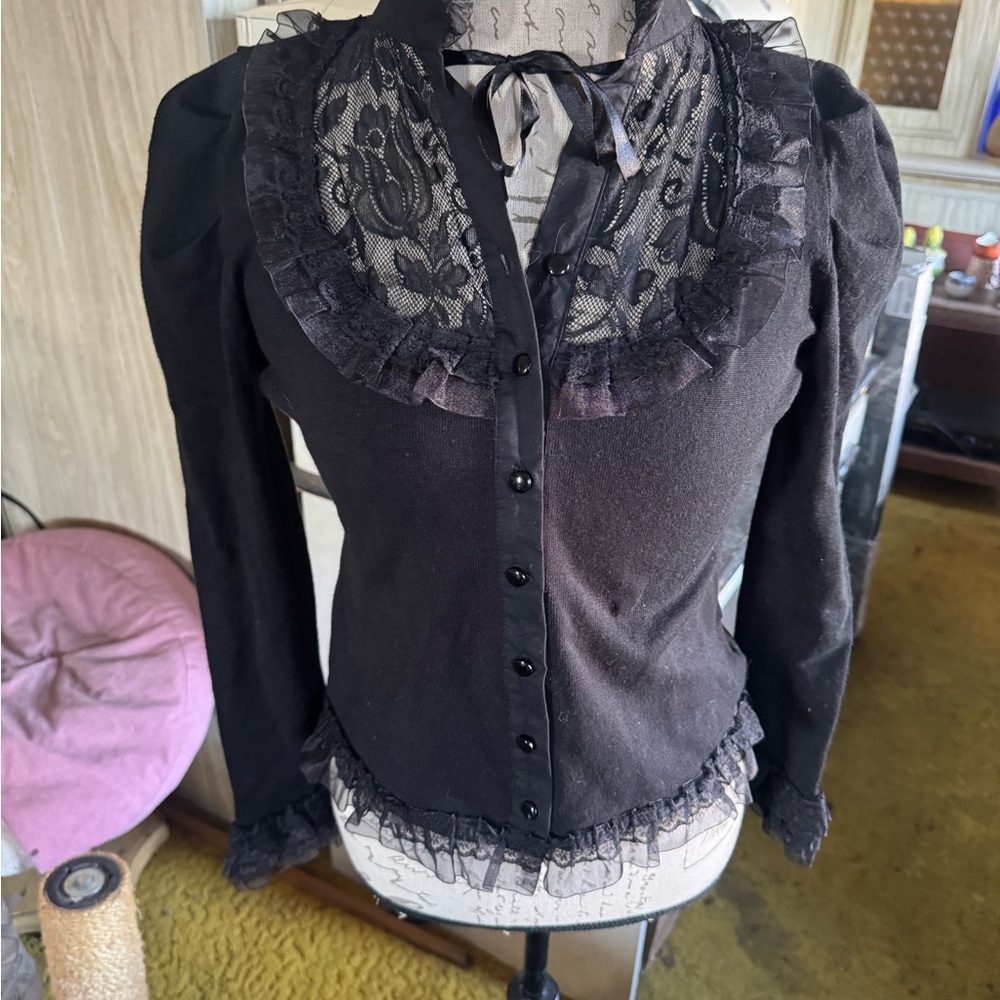 Black Ruffled Long Sleeve Blouse with Bib Collar